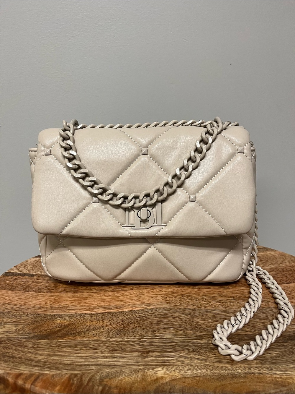 Badgley Mishka Cream Studded Quilted Vegan Leather Bag